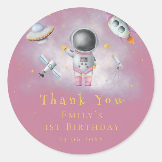 Sticker Rond La fille spatiale Astronaut rockets étoiles Annive (Devant)