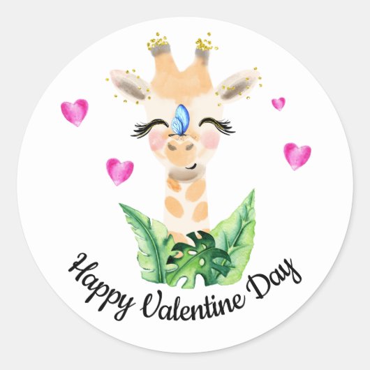 Sticker Rond La Giraffe Et L'Autocollant Valentin Papillon (Devant)