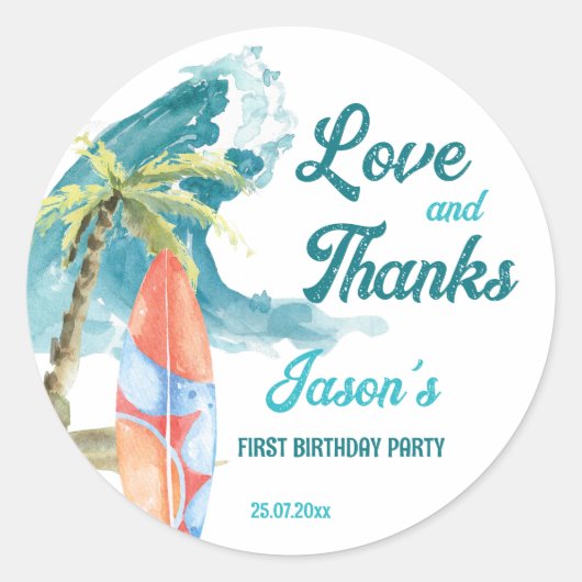 Sticker Rond La grande fête de surf rétro plage merci (Devant)