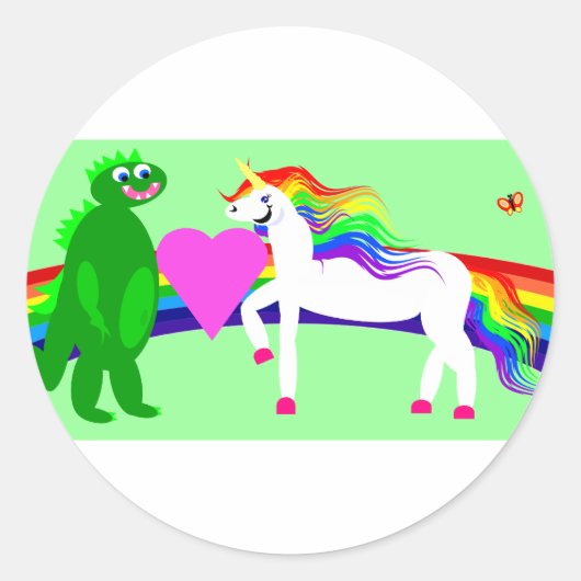 Sticker Rond La licorne voit le dinosaure (Devant)