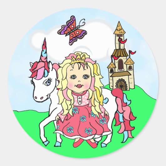 Sticker Rond La mignonne Blonde Haired Princess et le château d (Devant)
