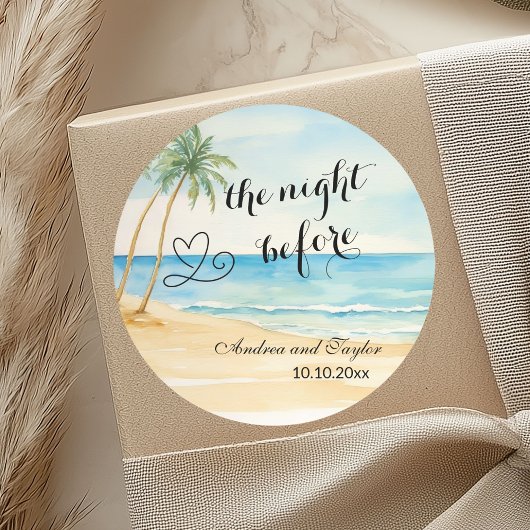 Sticker Rond La nuit d'avant plage et palmiers Mariage