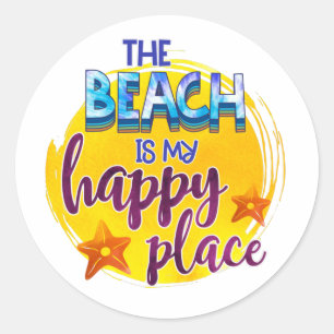 Sticker Rond La plage est mon Happy Place Citation Ocean Summer