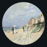Sticker Rond La promenade à Trouville par Claude Monet<br><div class="desc">Le Boardwalk de Trouville (1870) de Claude Monet est un tableau d'art impressionniste vintage qui présente une plage dans une station balnéaire de Normandie, en France, par beau temps. À propos de l'artiste : Claude Monet (1840-1926) est un fondateur du mouvement de peinture impressionniste française, dont la plupart de ses...</div>