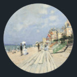 Sticker Rond La promenade à Trouville par Claude Monet<br><div class="desc">Le Boardwalk de Trouville (1870) de Claude Monet est un tableau d'art impressionniste vintage qui présente une plage dans une station balnéaire de Normandie, en France, par beau temps. À propos de l'artiste : Claude Monet (1840-1926) est un fondateur du mouvement de peinture impressionniste française, dont la plupart de ses...</div>