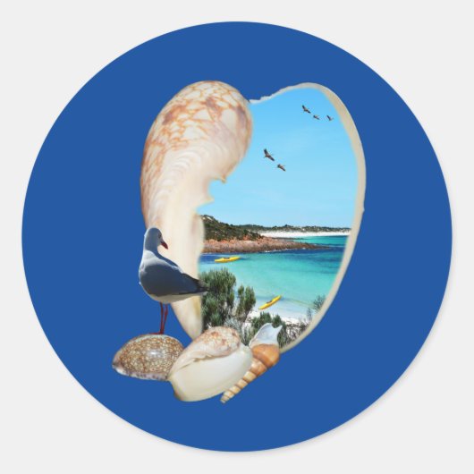 Sticker Rond La Scène De Plage Dans Un Mur En Coquillages De Pl (Devant)