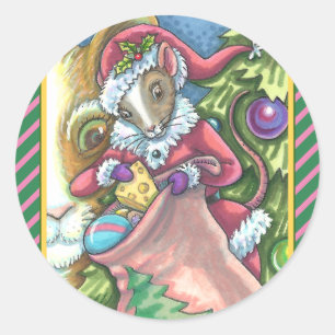 STICKER ROND LA SOURIS PÈRE NOËL APPORTE DE BONS CHATS CADEAUX