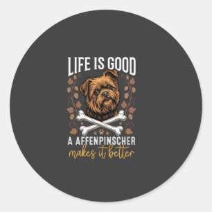 Sticker Rond La vie est bonne Affenpinscher Chien Os Croisés