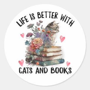 Sticker Rond La vie est meilleure avec les chats et les livres 