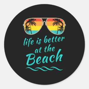 Sticker Rond La Vie Est Mieux À La Plage Rétro Palmiers Summe