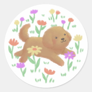 Sticker Rond Labradoodle avec fleurs Illustration