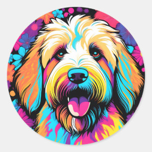 Sticker Rond Labradoodle Pop Art Chien Avec Fleurs