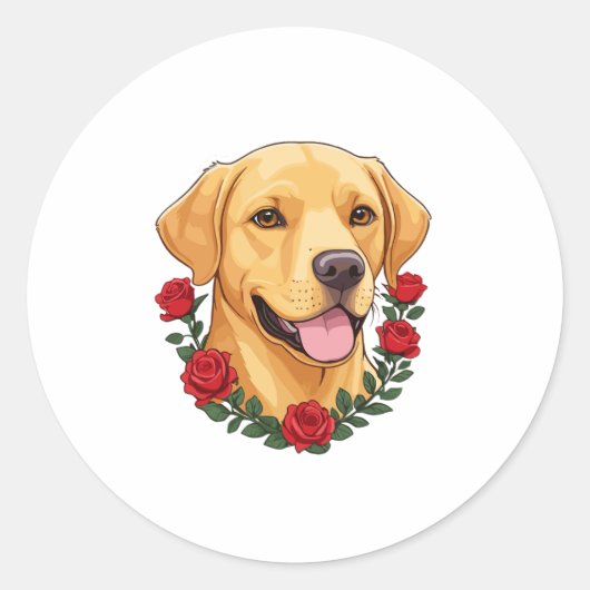 Sticker Rond Labrador avec des roses rouges (Devant)