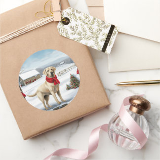 Sticker Rond Labrador Retriever Dog in Snow Christmas