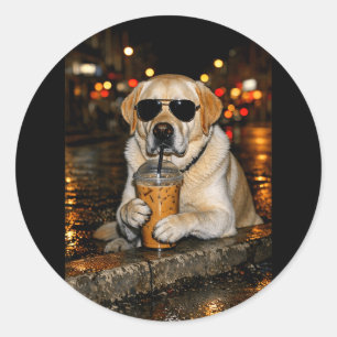 Sticker Rond Labrador retriever drôle buvant du café glacé mign