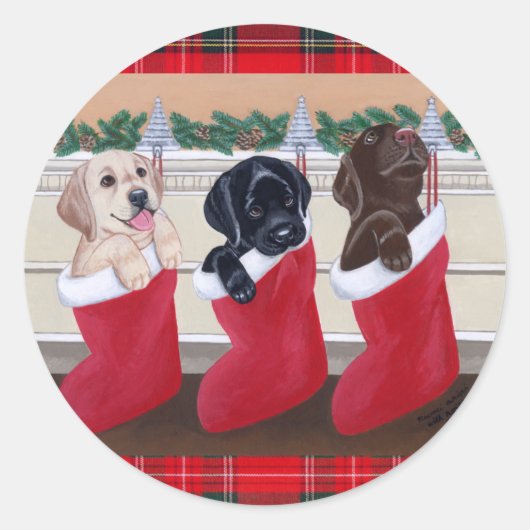 Sticker Rond Labrador Retriever Puppies peinture de Noël (Devant)