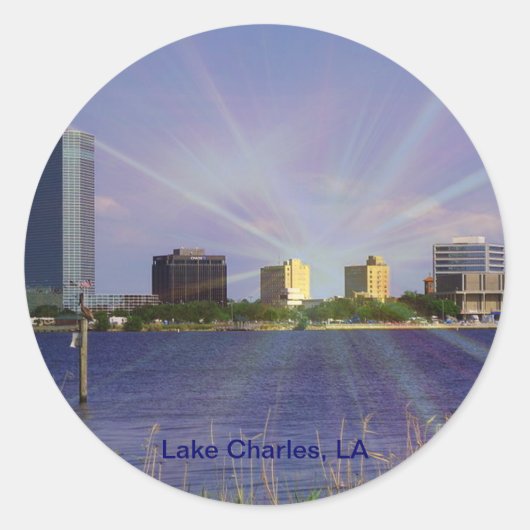 Sticker Rond Lac Charles, LA Skyline avec Sunburst (Devant)