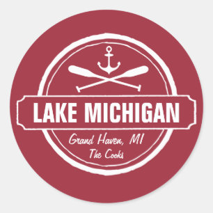 Sticker Rond Lac Michigan, ville personnalisée, nom, ancre, pag