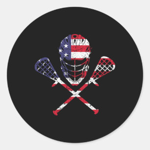 Sticker Rond Lacrosse Casque Drapeau Américain Bâtons Hommes 4e