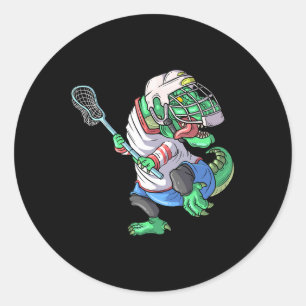 Sticker Rond Lacrosse Dinosaur T Rex Avec Bâton De Crosse Drôle