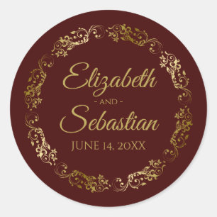 Sticker Rond Lacy Gold Filigree Elegant Auburn Brown Mariage