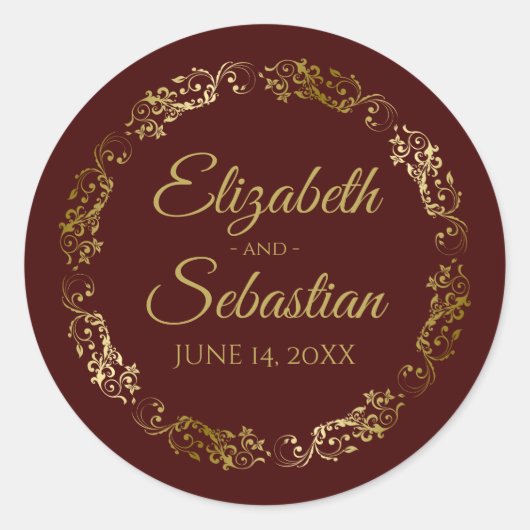 Sticker Rond Lacy Gold Filigree Elegant Auburn Brown Mariage (Devant)
