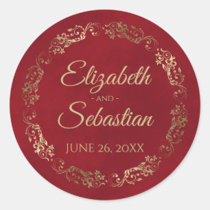 Sticker Rond Lacy Gold Filigree Elegant Crimson Mariage rouge