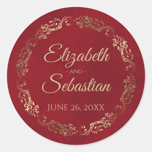 Sticker Rond Lacy Gold Filigree Elegant Crimson Mariage rouge (Devant)
