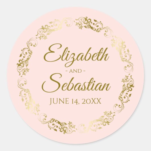 Sticker Rond Lacy Gold Filigree Élégant Mariage rose pâle (Devant)