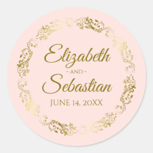 Sticker Rond Lacy Gold Filigree Élégant Mariage rose pâle