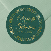 Sticker Rond Lacy Gold Filigree Élégant Mariage vert émeraude
