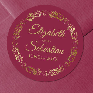 Sticker Rond Lacy Gold Filigree Elegant Maroon Mariage Bourgogn