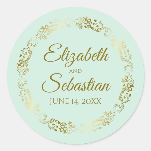 Sticker Rond Lacy Gold Filigree Elegant Neo Mint Green Mariage (Devant)
