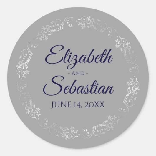 Sticker Rond Lacy Silver Filigree Elegance Navy sur Grey Mariag (Devant)