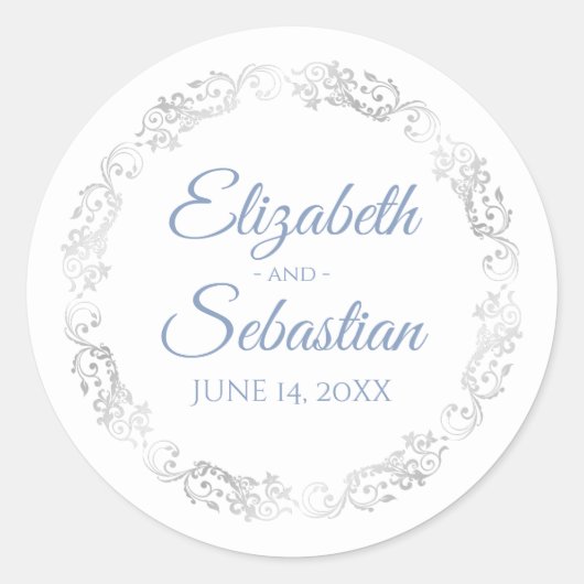 Sticker Rond Lacy Silver Filigree Elegant Bleu sur Mariage blan (Devant)