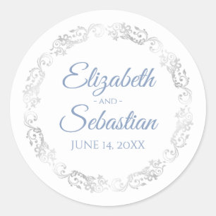 Sticker Rond Lacy Silver Filigree Elegant Bleu sur Mariage blan