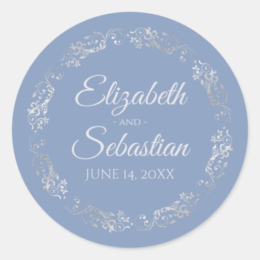 Sticker Rond Lacy Silver Filigree Élégant Mariage bleu clair (Devant)