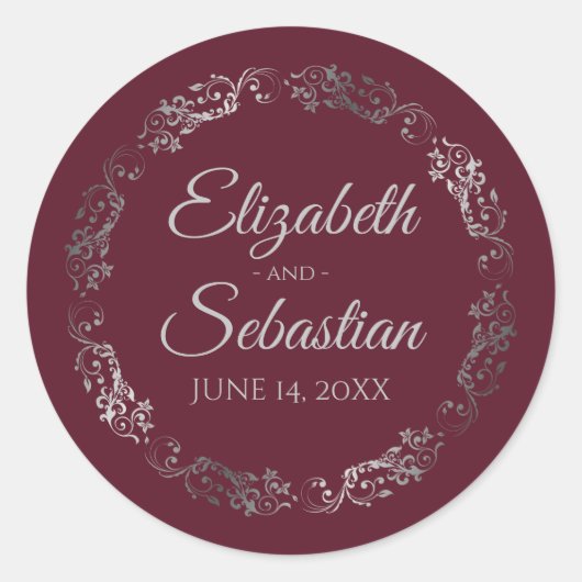 Sticker Rond Lacy Silver Filigree Élégant Mariage Bourgogne (Devant)