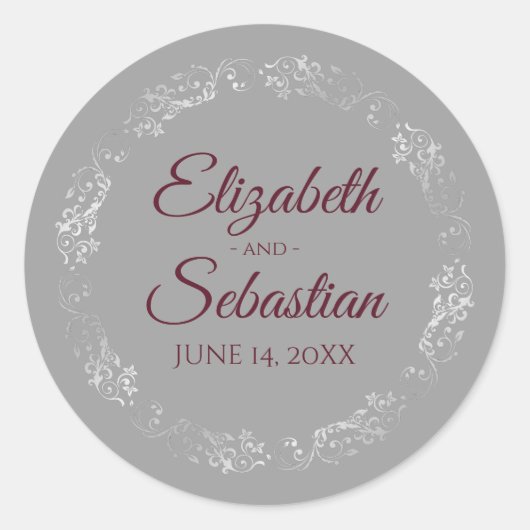 Sticker Rond Lacy Silver Filigree Elégant Mariage Burgundy Grey (Devant)