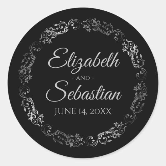 Sticker Rond Lacy Silver Filigree Élégant Mariage noir (Devant)