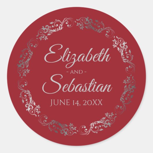 Sticker Rond Lacy Silver Filigree Élégant Mariage rouge (Devant)