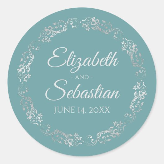 Sticker Rond Lacy Silver Filigree Elégant Mariage Turquoise (Devant)