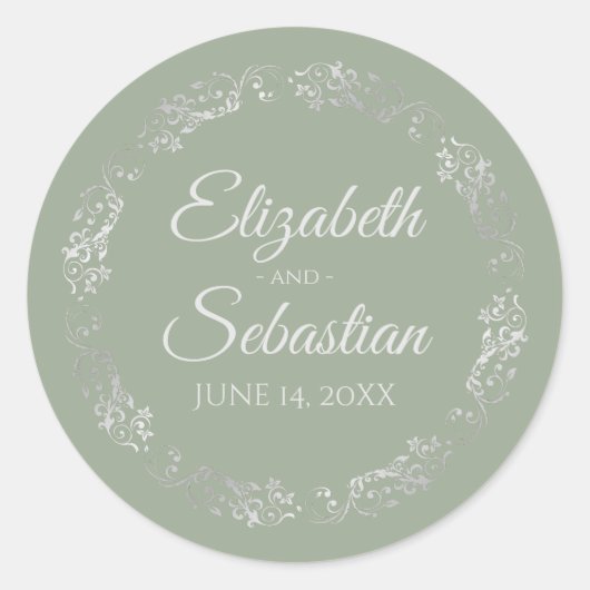 Sticker Rond Lacy Silver Filigree Élégant Mariage Vert Sage (Devant)