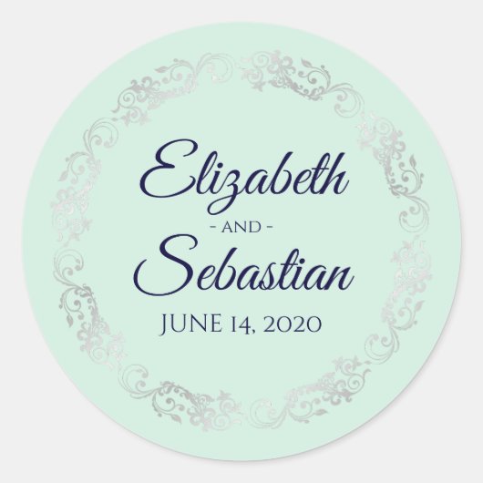 Sticker Rond Lacy Silver Filigree Elegant Navy sur Mint Mariage (Devant)