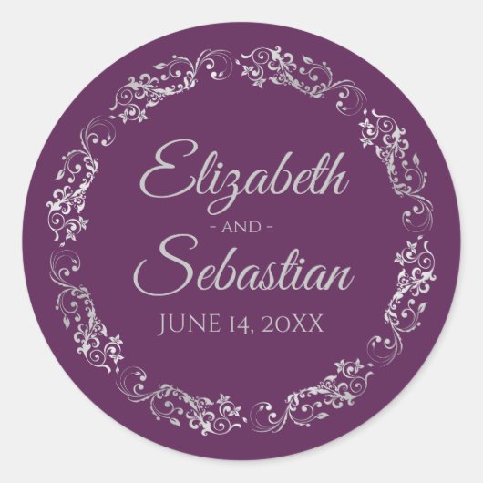 Sticker Rond Lacy Silver Filigree Elegant Plum Purple Wedding (Devant)