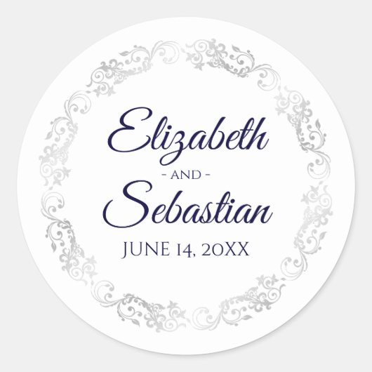 Sticker Rond Lacy Silver Filigree Elégante marine sur Mariage b (Devant)