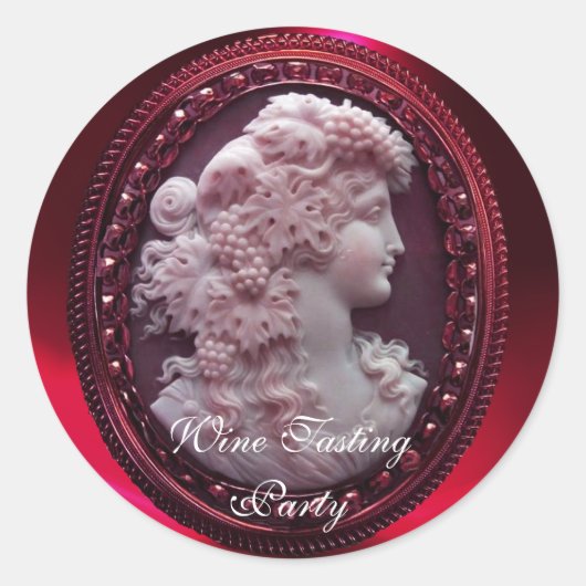 STICKER ROND LADY DE VIN ROUGE ANTIQUE, RAISINS ET GRAPEVINES (Devant)