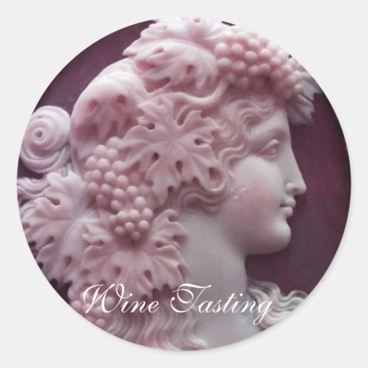 STICKER ROND LADY DE VIN ROUGE ANTIQUE, RAISINS ET GRAPEVINES (Devant)