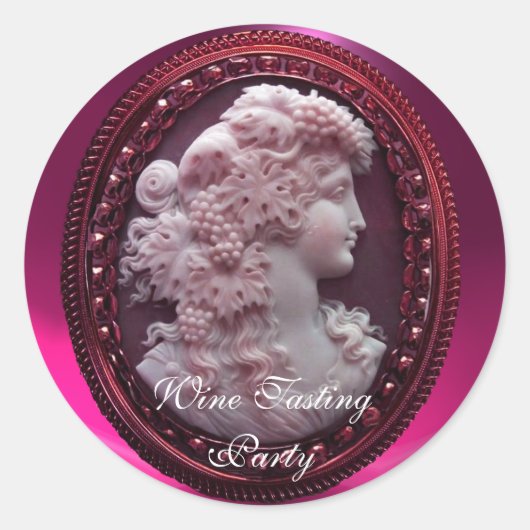 STICKER ROND LADY DE VIN ROUGE ANTIQUE, RAISINS ET GRAPEVINES (Devant)