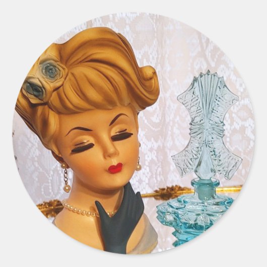 Sticker Rond Lady Head Vase Bleu Rose Parfum bouteille Glam (Devant)
